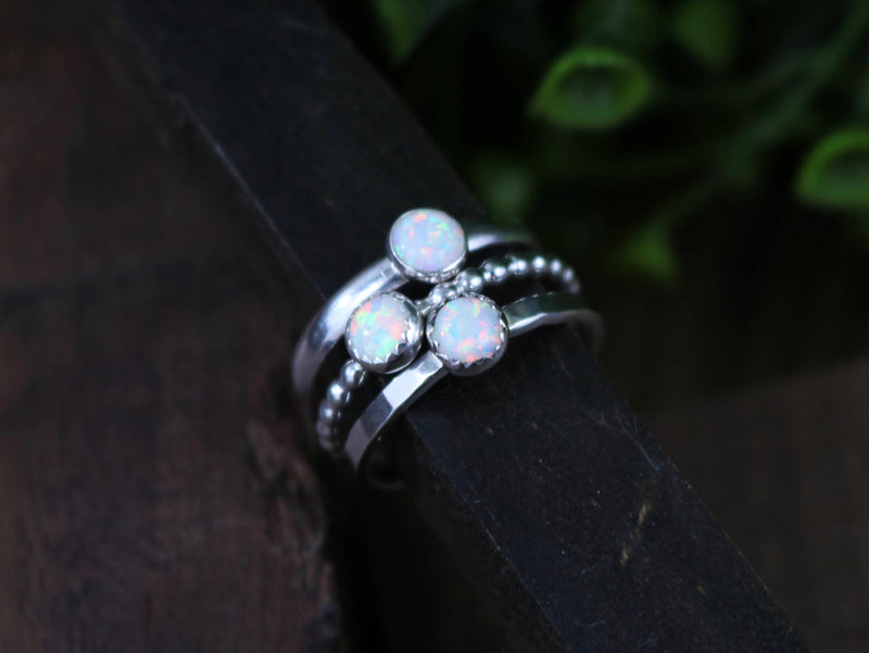 OPAL Rings - White Opal Solitaire Stacking Ring Set, Sterling Silver