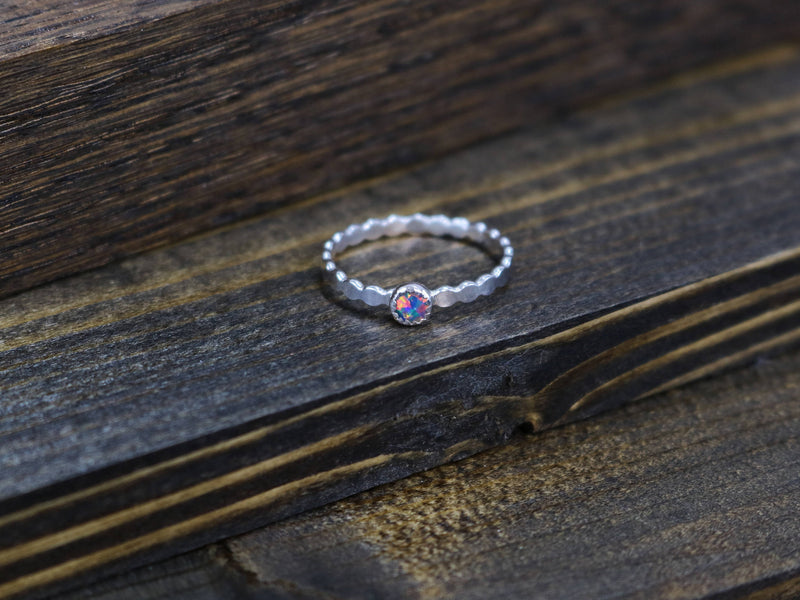 KARA Ring - Opal Solitaire Ring, Sterling Silver2mm band w/4mm Opal Cabochon
