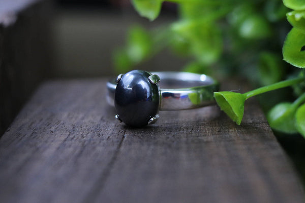 ADDINGTON Ring - Sterling Silver 3mm Band w/ Hematite Cabochon in 4-prong setting