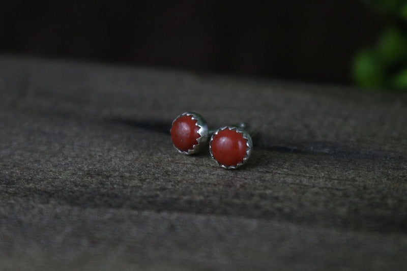 CERISE Earrings - 5mm Round Red Jasper Sterling Silver Minimal Stud Earrings, Every Day Earrings