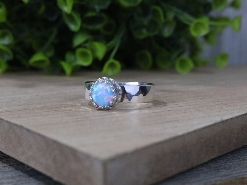 EAMON Ring - Cornflower Blue Opal Solitaire, Hammered Sterling Silver Ring