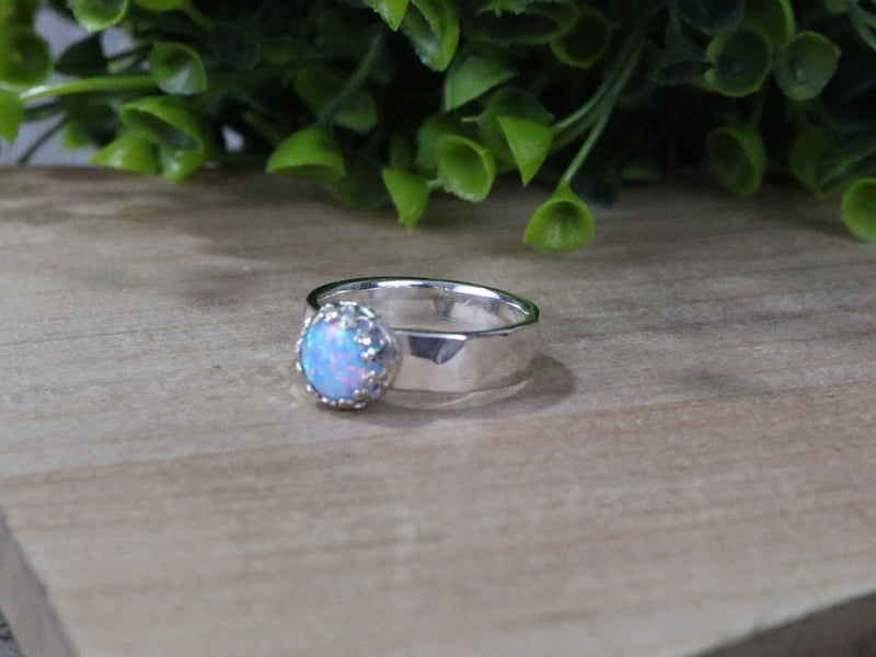 EAMON Ring - Cornflower Blue Opal Solitaire, Hammered Sterling Silver Ring
