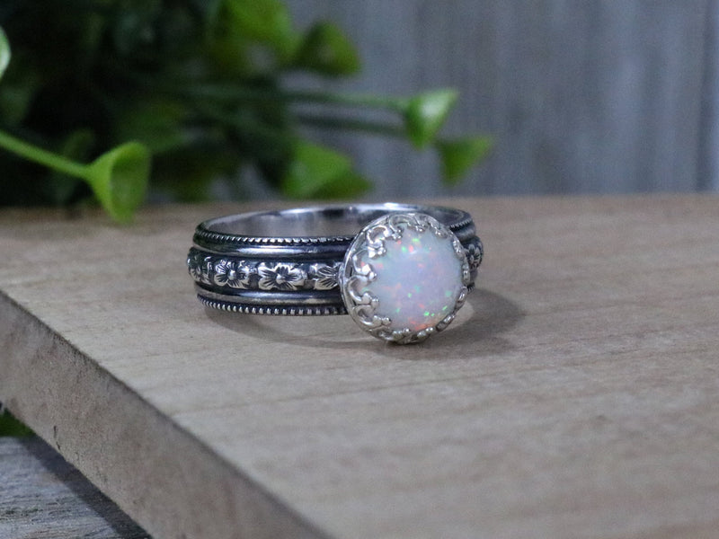 ANGEL Ring - White Opal Sterling Silver Flower Pattern Ring