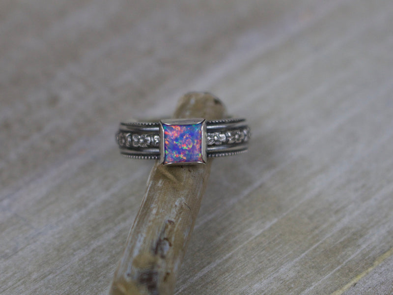 ISABELLE Ring - Multi-Lavender Opal Sterling Silver Flower Pattern Ring, 5.5mm wide, Every Day Ring