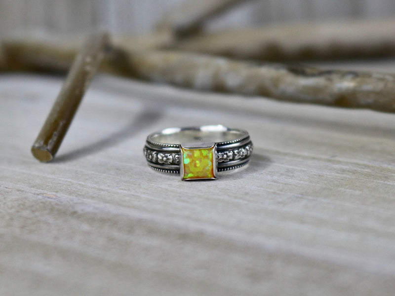 SUNNY Ring - Yellow Opal Sterling Silver Textured Ring, 6mm wide, Every Day Ring