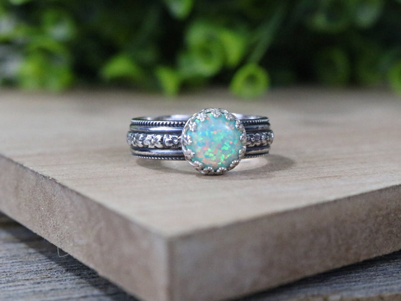CORALIE Ring - Moon Yellow Opal Sterling Silver Flower Pattern Ring