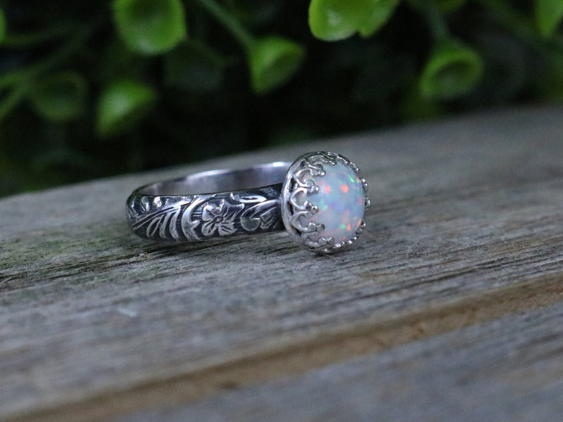 NOBLE Ring - White Opal Sterling Silver Flowering Leaves Tapestry Pattern Solitaire Ring