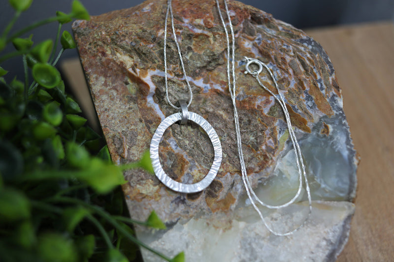 CAITLIN Pendant - Sterling Silver Hammered Oval Pendant, Geometric Pendant
