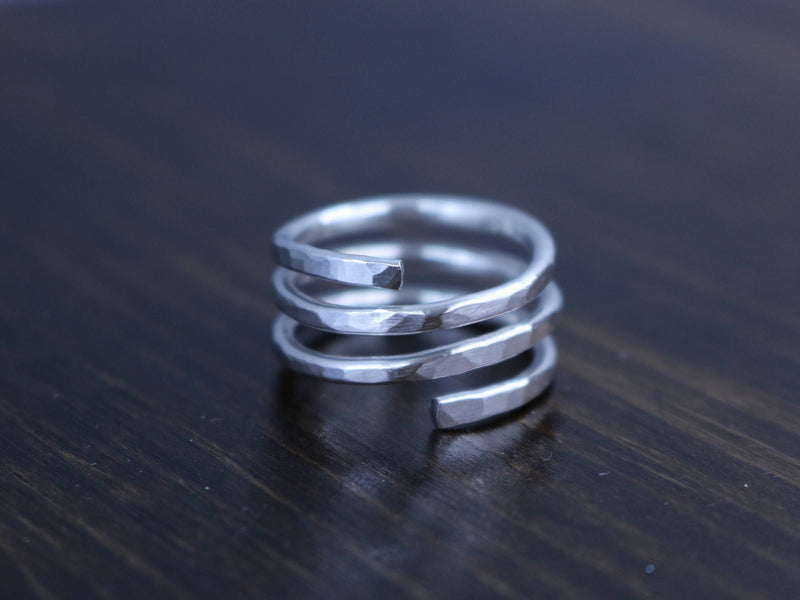 KENZIE Ring - Hammered Sterling Silver 3-Turn Spiral Ring, Bypass Ring