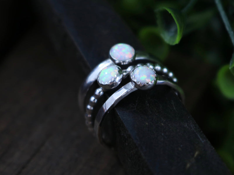 OPAL Rings - White Opal Solitaire Stacking Ring Set, Sterling Silver