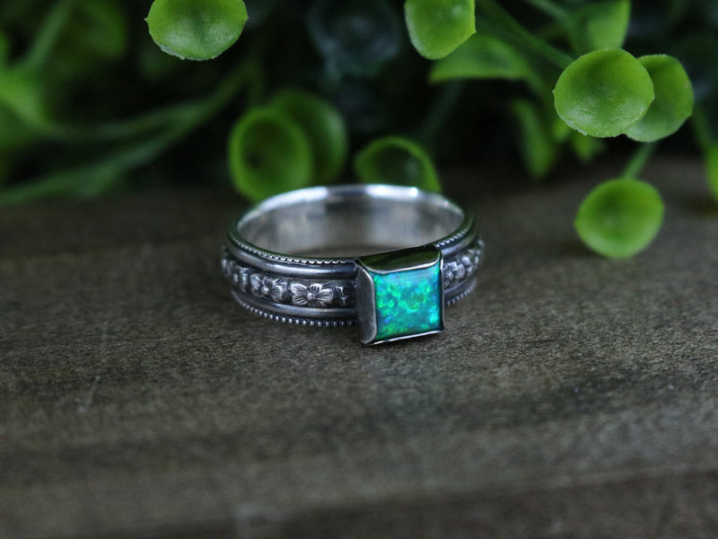 BRANDYLYNN Ring - Kiwi Opal Sterling Silver Flower Pattern Ring, 5.5mm wide, Every Day Ring