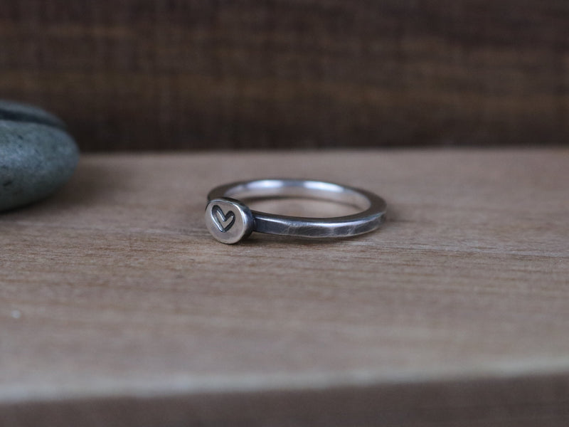 JULIET Ring - Heart Ring - Hammered Oxidized Sterling Silver Stacking Ring with Heart Stamp