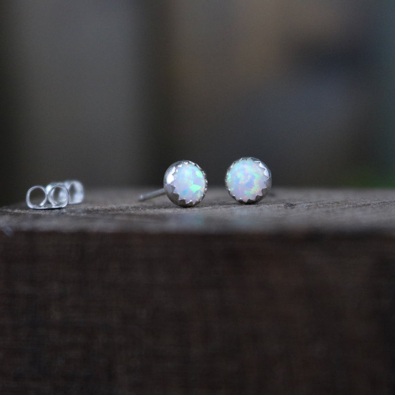 DULCE Earrings - 5mm Round White Opal Sterling Silver Minimal Stud Earrings, Every Day Earrings