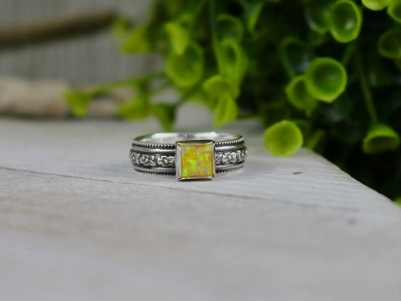 SUNNY Ring - Yellow Opal Sterling Silver Textured Ring, 6mm wide, Every Day Ring