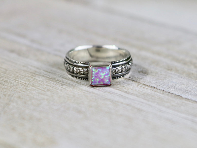 BRITNY Ring - Pink Opal Sterling Silver Textured Ring, 6mm wide, Every Day Ring