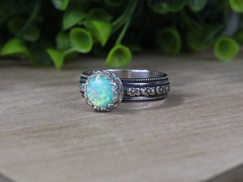 CORALIE Ring - Moon Yellow Opal Sterling Silver Flower Pattern Ring
