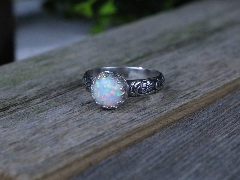NOBLE Ring - White Opal Sterling Silver Flowering Leaves Tapestry Pattern Solitaire Ring