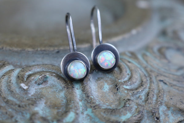 EMBER Earrings - 6mm Round White Opal Sterling Silver Dangle Earrings