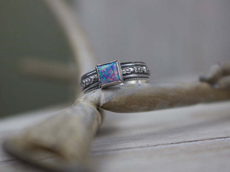 ISABELLE Ring - Multi-Lavender Opal Sterling Silver Flower Pattern Ring, 5.5mm wide, Every Day Ring