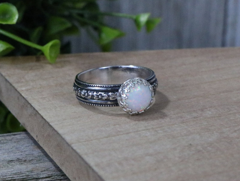ANGEL Ring - White Opal Sterling Silver Flower Pattern Ring