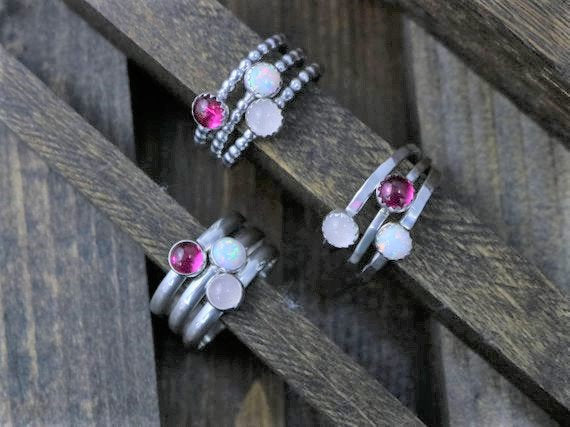 ROSES Rings - Solitaire Stacking Ring Set - Ruby, Opal, Rose Quartz