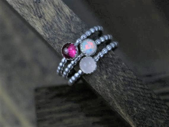 ROSES Rings - Solitaire Stacking Ring Set - Ruby, Opal, Rose Quartz